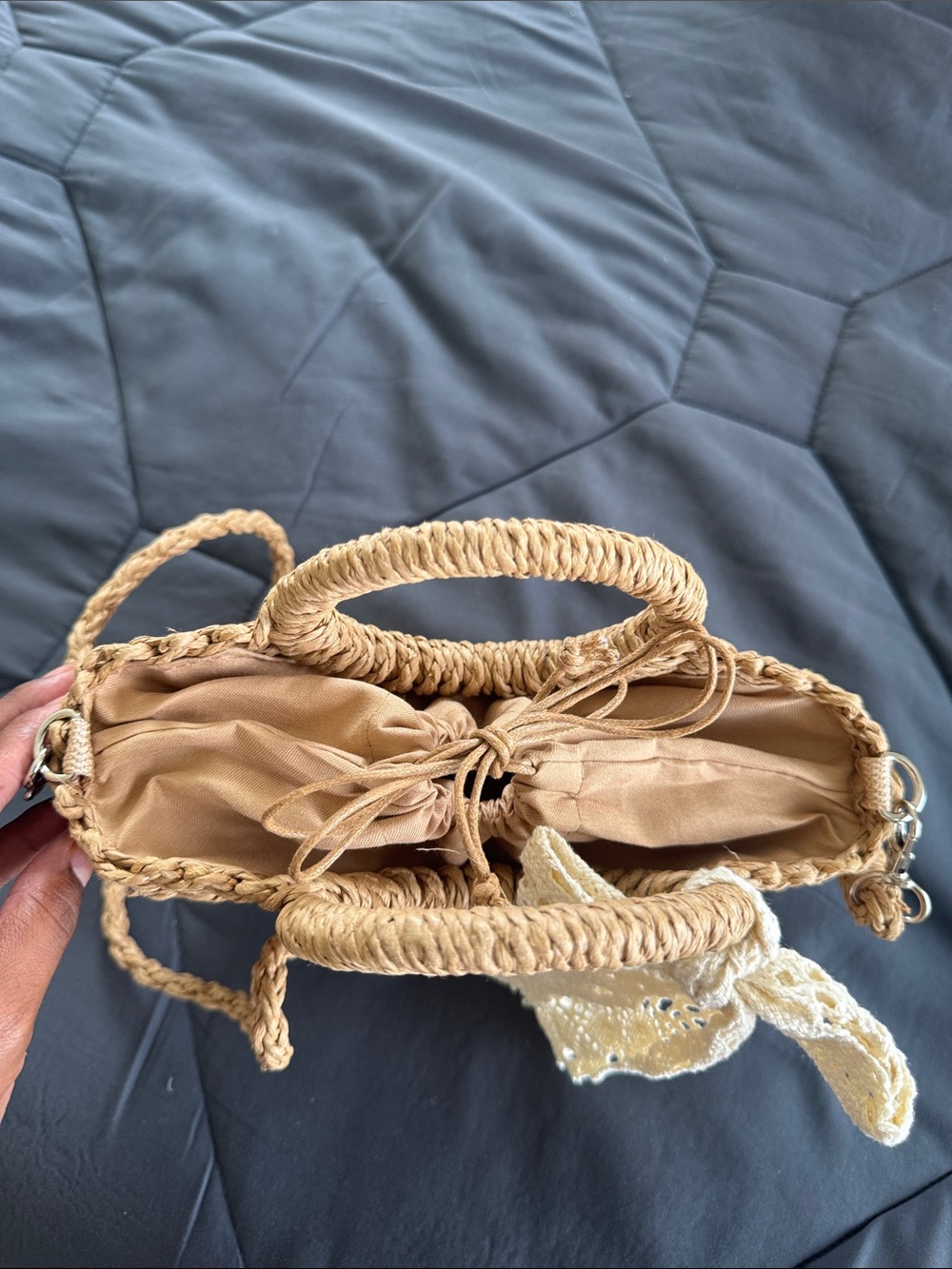 Woven Straw 'MRS' Handbag with Lace Bow - Picture 6 of 6